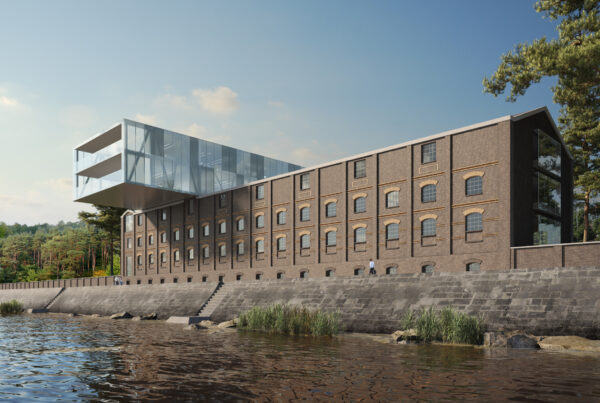 Architekturvisualisierung Bürogebäude unter Denkmalschutz: Rheinfenster Krefeld – Historischer Speicher am Rheinufer neu gedacht.